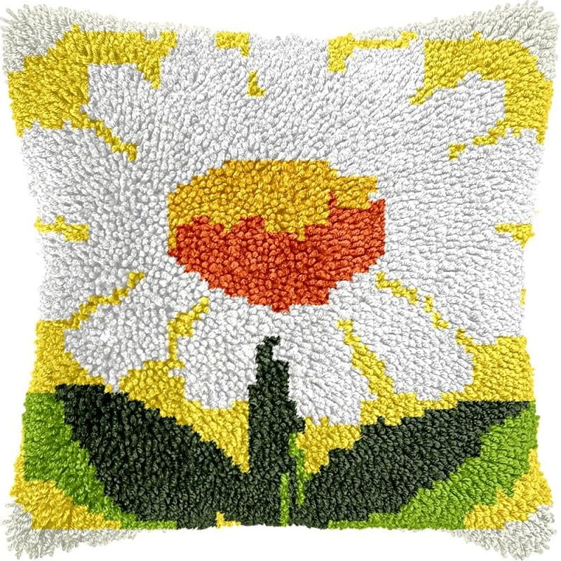 Latch Hook Pillow Kits Flower DIY Pillowcase Crochet Hook Cushion Making Kits with Preprinted Pattern Canvas Instruction Yarns Pillow Cover Easy Starter Kits 43x43cm（J407)