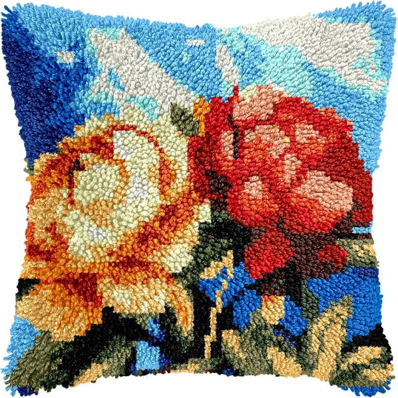 Latch Hook Pillow Kits Flowers DIY Pillowcase Crochet Hook Cushion Making Kits with Preprinted Pattern Canvas Instruction Yarns Pillow Cover Easy Starter Kits 43x43cm（J122)