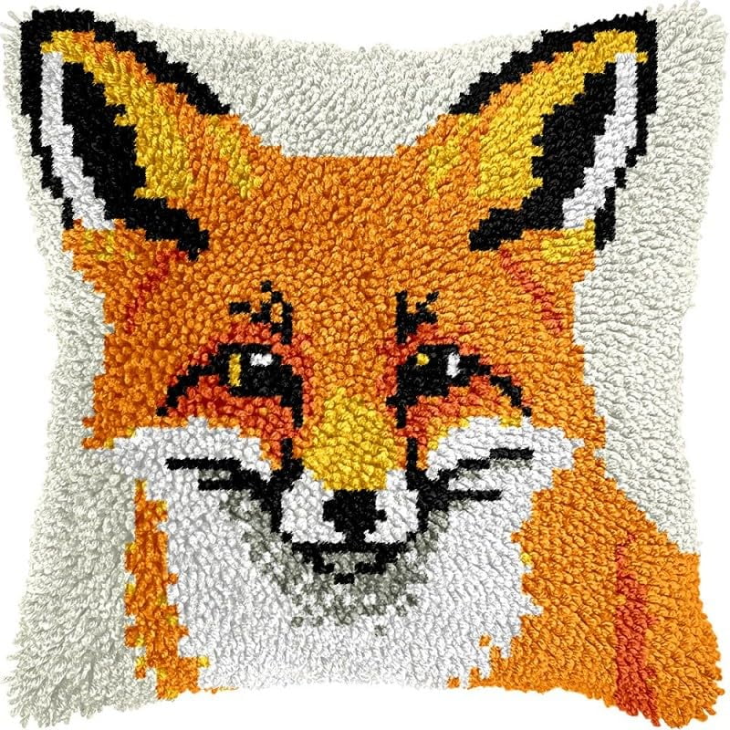 Latch Hook Pillow Kits Fox DIY Pillowcase Crochet Hook Cushion Making Kits with Preprinted Pattern Canvas Instruction Yarns Pillow Cover Easy Starter Kits 43x43cm（J19)