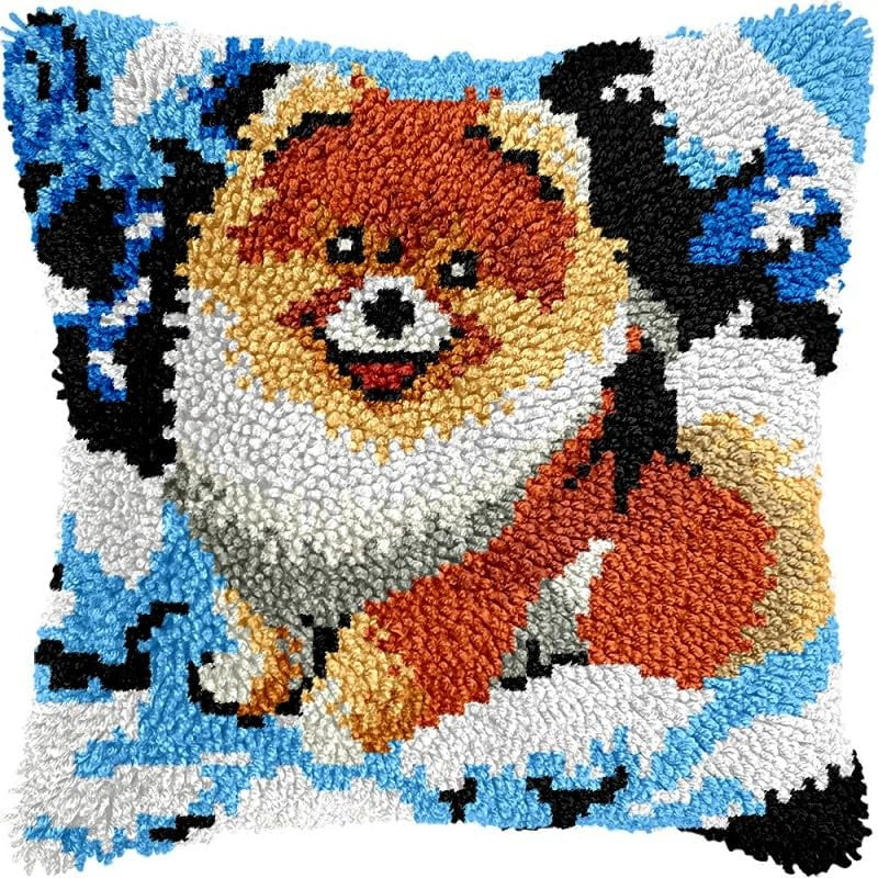 Latch Hook Pillow Kits Fox Dog DIY Pillowcase Crochet Hook Cushion Making Kits with Preprinted Pattern Canvas Instruction Yarns Pillow Cover Easy Starter Kits 43x43cm（J174)