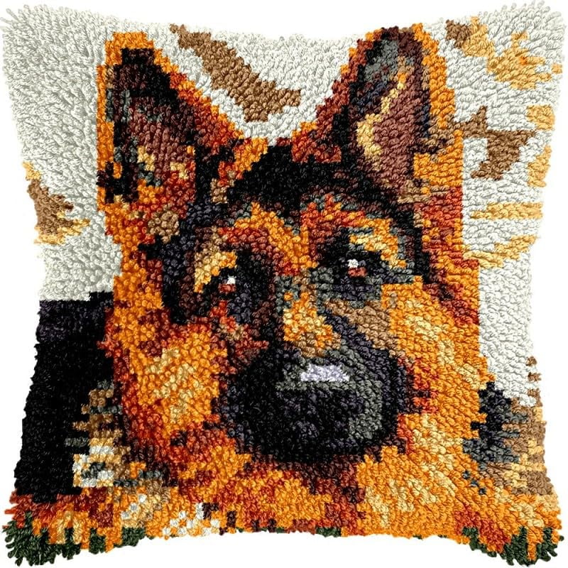Latch Hook Pillow Kits German Shepherd DIY Pillowcase Crochet Hook Cushion Making Kits with Preprinted Pattern Canvas Instruction Yarns Pillow Cover Easy Starter Kits 43x43cm（J313)