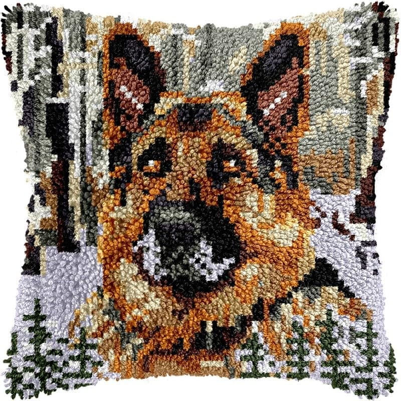 Latch Hook Pillow Kits German Shepherd DIY Pillowcase Crochet Hook Cushion Making Kits with Preprinted Pattern Canvas Instruction Yarns Pillow Cover Easy Starter Kits 43x43cm（J11)
