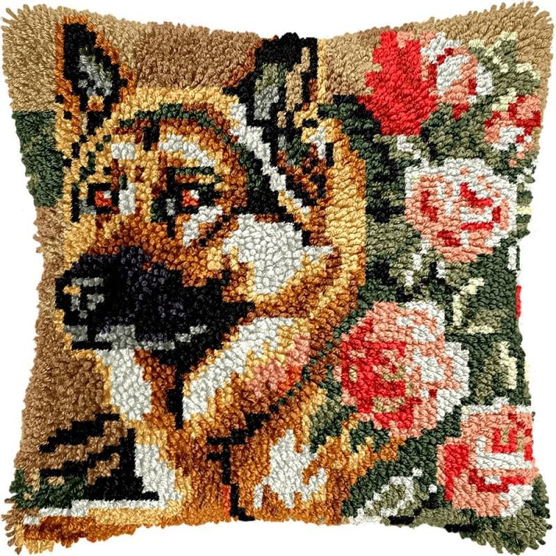 Latch Hook Pillow Kits German Shepherd and Flowers DIY Pillowcase Crochet Hook Cushion Making Kits with Preprinted Pattern Canvas Instruction Yarns Pillow Cover Easy Starter Kits 43x43cm（J301)