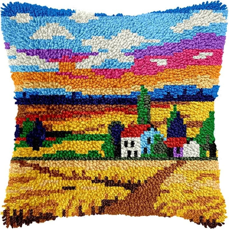 Latch Hook Pillow Kits Golden Field DIY Pillowcase Crochet Hook Cushion Making Kits with Preprinted Pattern Canvas Instruction Yarns Pillow Cover Easy Starter Kits 43x43cm（J113)