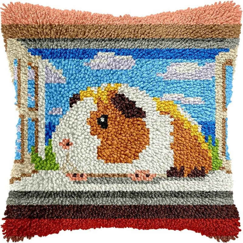 Latch Hook Pillow Kits Hamster DIY Pillowcase Crochet Hook Cushion Making Kits with Preprinted Pattern Canvas Instruction Yarns Pillow Cover Easy Starter Kits 43x43cm（J233)