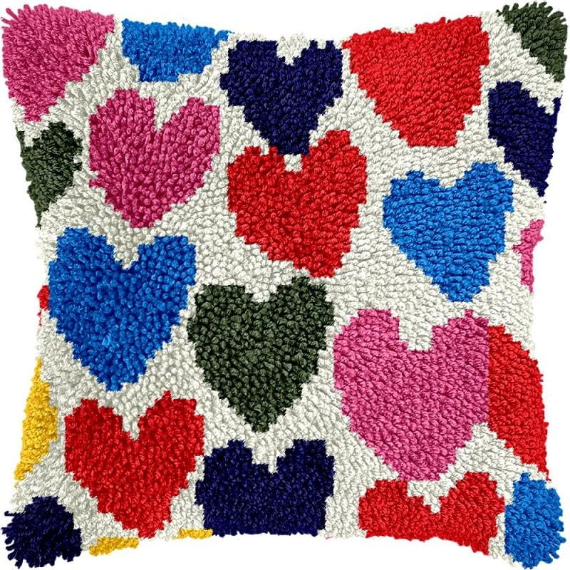 Latch Hook Pillow Kits Heart Shape Patterns DIY Pillowcase Crochet Hook Cushion Making Kits with Preprinted Pattern Canvas Instruction Yarns Pillow Cover Easy Starter Kits 43x43cm（J76)