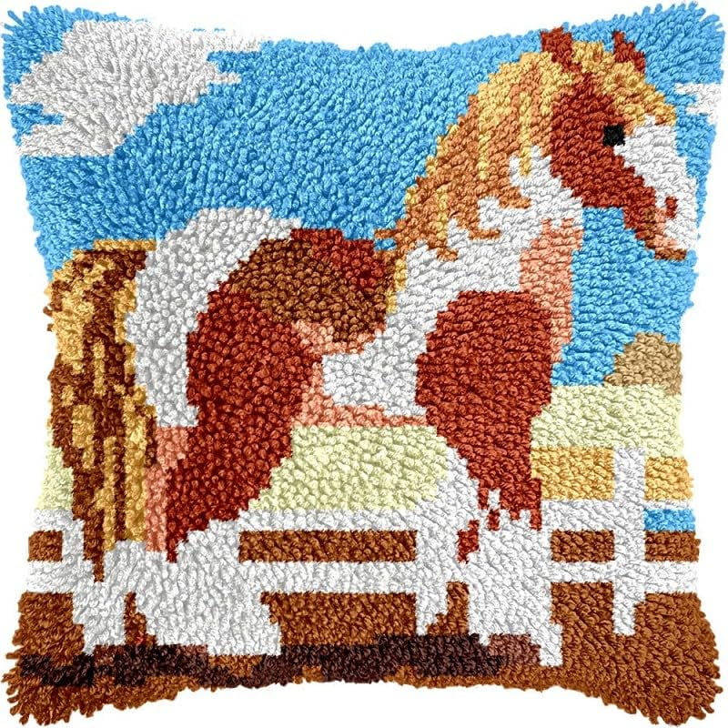 Latch Hook Pillow Kits Horse DIY Pillowcase Crochet Hook Cushion Making Kits with Preprinted Pattern Canvas Instruction Yarns Pillow Cover Easy Starter Kits 43x43cm（J330)