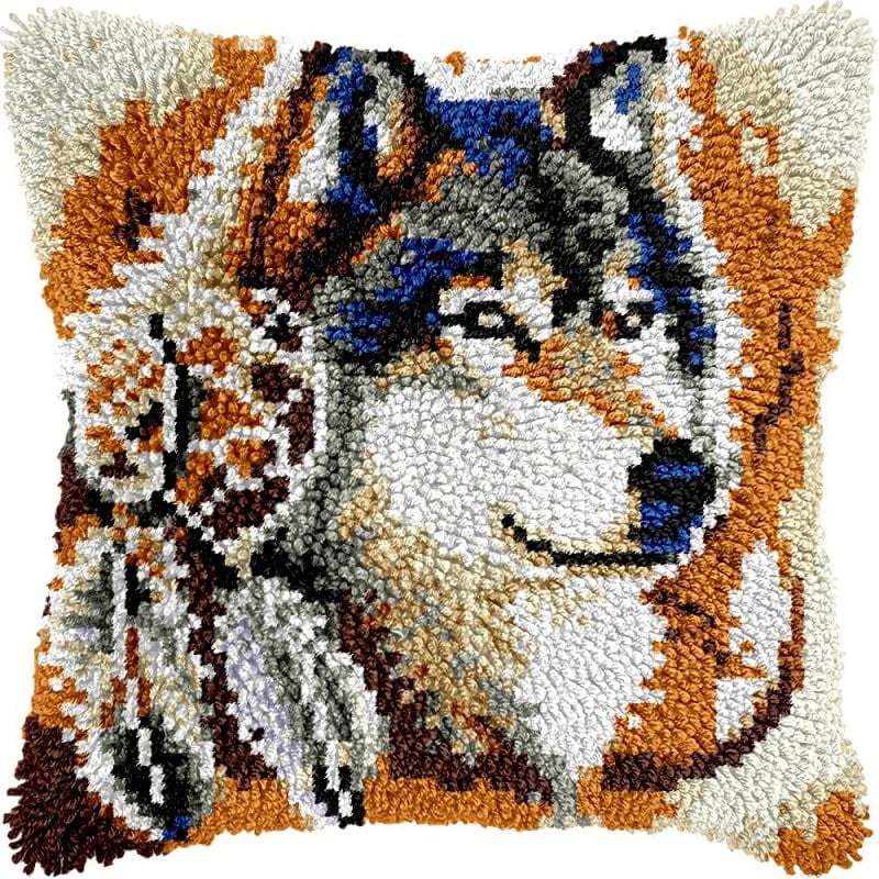Latch Hook Pillow Kits Indian Wolf DIY Pillowcase Crochet Hook Cushion Making Kits with Preprinted Pattern Canvas Instruction Yarns Pillow Cover Easy Starter Kits 43x43cm（J351)