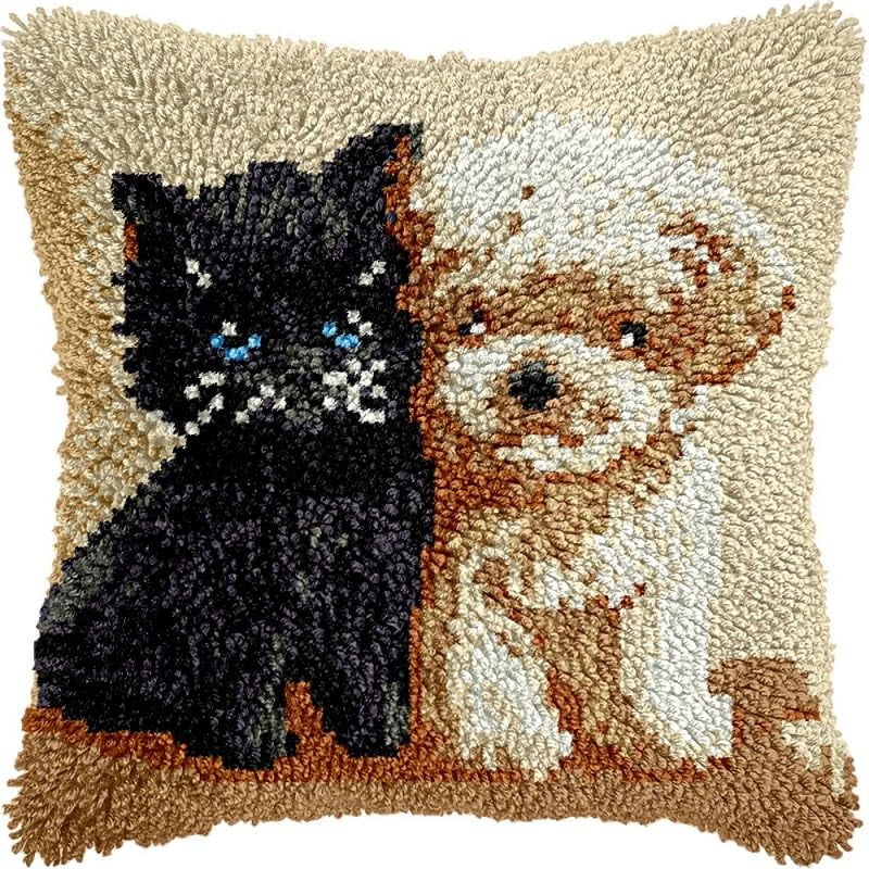 Latch Hook Pillow Kits Kitten and Puppy DIY Pillowcase Crochet Hook Cushion Making Kits with Preprinted Pattern Canvas Instruction Yarns Pillow Cover Easy Starter Kits 43x43cm（J359)