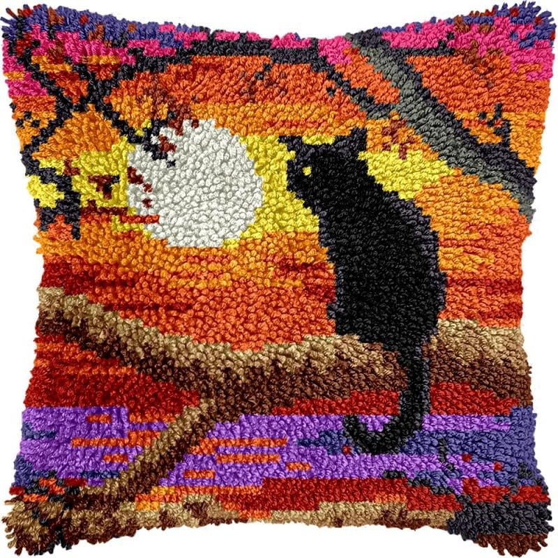 Latch Hook Pillow Kits Kitten on Tree DIY Pillowcase Crochet Hook Cushion Making Kits with Preprinted Pattern Canvas Instruction Yarns Pillow Cover Easy Starter Kits 43x43cm（J350)