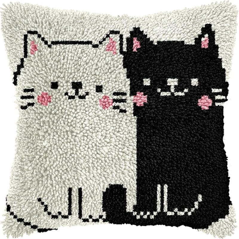 Latch Hook Pillow Kits Kittens DIY Pillowcase Crochet Hook Cushion Making Kits with Preprinted Pattern Canvas Instruction Yarns Pillow Cover Easy Starter Kits 43x43cm（J316)
