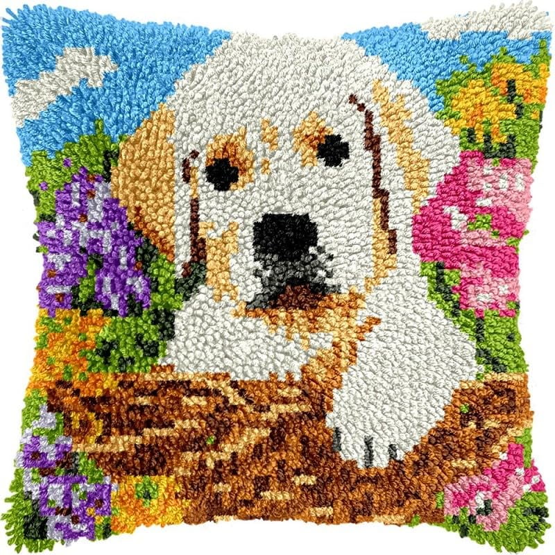 Latch Hook Pillow Kits Labrador and Flowers DIY Pillowcase Crochet Hook Cushion Making Kits with Preprinted Pattern Canvas Instruction Yarns Pillow Cover Easy Starter Kits 43x43cm（J253)