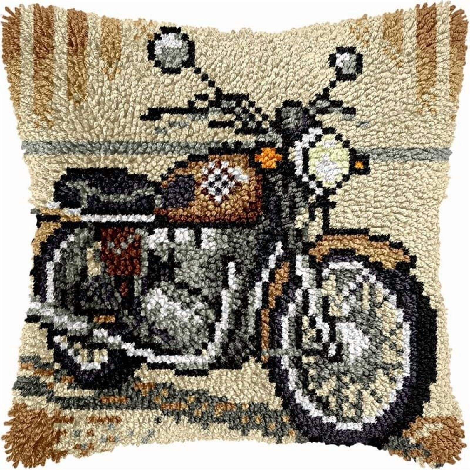 Latch Hook Pillow Kits Motor Bike DIY Pillowcase Crochet Hook Cushion Making Kits with Preprinted Pattern Canvas Instruction Yarns Pillow Cover Easy Starter Kits 43x43cm（J275)