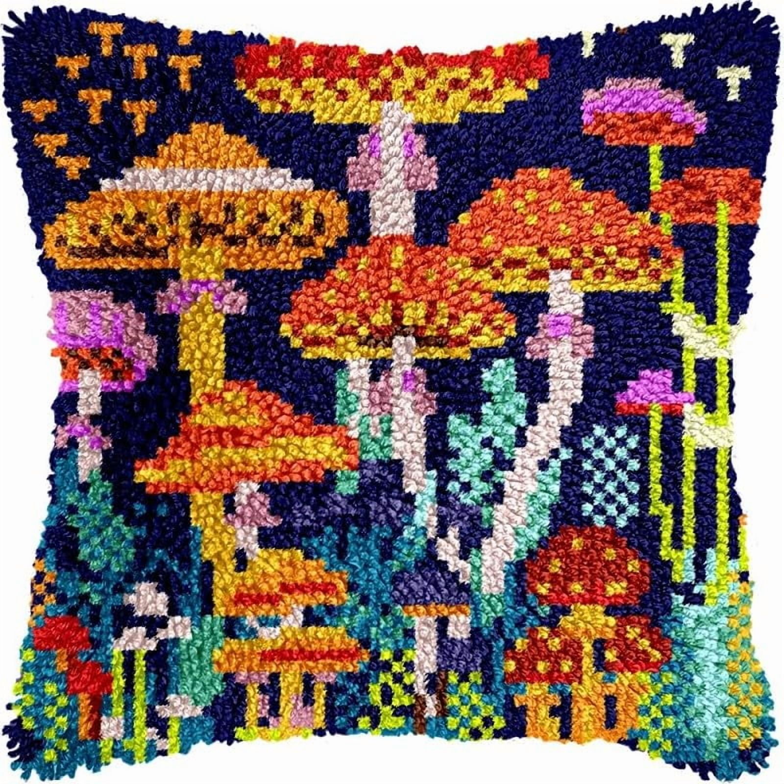 Latch Hook Pillow Kits Mushroom DIY Pillowcase Crochet Hook Cushion Making Kits with Preprinted Pattern Canvas Instruction Yarns Pillow Cover Easy Starter Kits 43x43cm（J252)