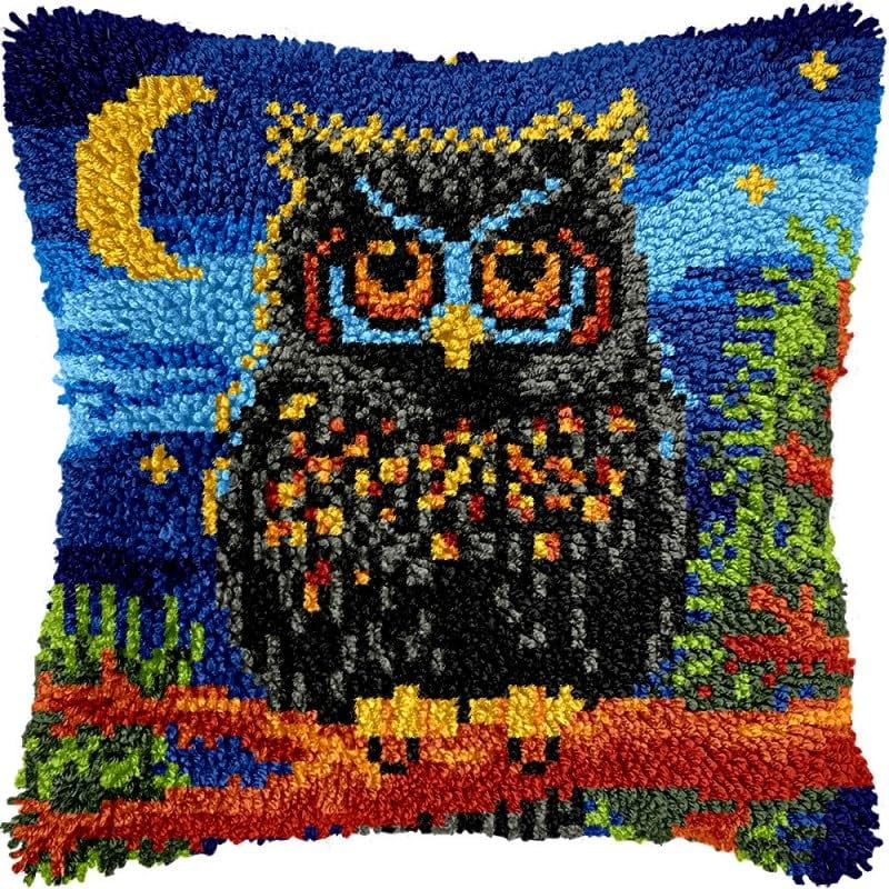 Latch Hook Pillow Kits Owl Bird under Moon DIY Pillowcase Crochet Hook Cushion Making Kits with Preprinted Pattern Canvas Instruction Yarns Pillow Cover Easy Starter Kits 43x43cm（J100)