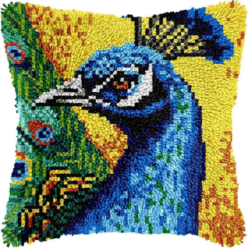 Latch Hook Pillow Kits Peacock DIY Pillowcase Crochet Hook Cushion Making Kits with Preprinted Pattern Canvas Instruction Yarns Pillow Cover Easy Starter Kits 43x43cm（J317)