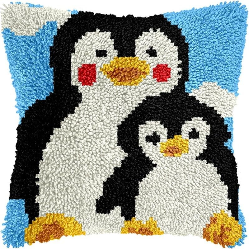 Latch Hook Pillow Kits Penguins DIY Pillowcase Crochet Hook Cushion Making Kits with Preprinted Pattern Canvas Instruction Yarns Pillow Cover Easy Starter Kits 43x43cm（J379)