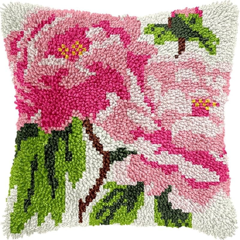 Latch Hook Pillow Kits Peonies DIY Pillowcase Crochet Hook Cushion Making Kits with Preprinted Pattern Canvas Instruction Yarns Pillow Cover Easy Starter Kits 43x43cm（J334)