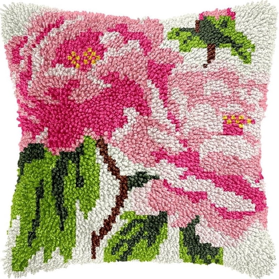 Latch Hook Pillow Kits Peonies DIY Pillowcase Crochet Hook Cushion Making Kits with Preprinted Pattern Canvas Instruction Yarns Pillow Cover Easy Starter Kits 43x43cm(J334)