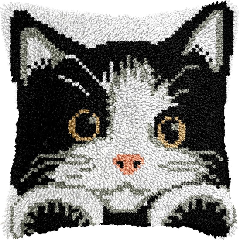 Latch Hook Pillow Kits Pillow Cover Black Cat Pattern Printed Canvas Crochet Cross Stich Hooking Pillowcase Cushion Crafts Embroidery Crochet Home Decor Kits 17x17 inch(23)