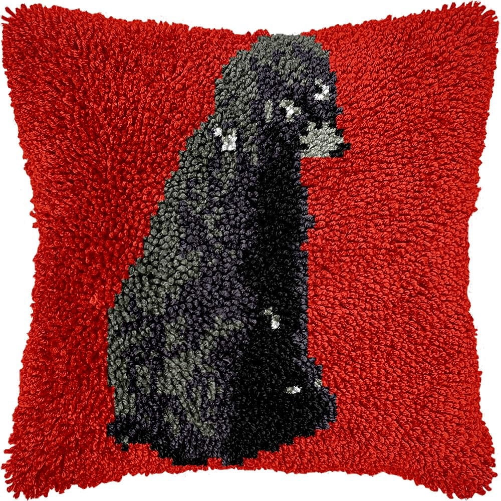 Latch Hook Pillow Kits Pillow Cover Black Cat Pattern Printed Canvas Cross Stich Hooking Pillowcase Cushion Crafts Embroidery Crochet Home Decor Kits 17x17 inch(B196)