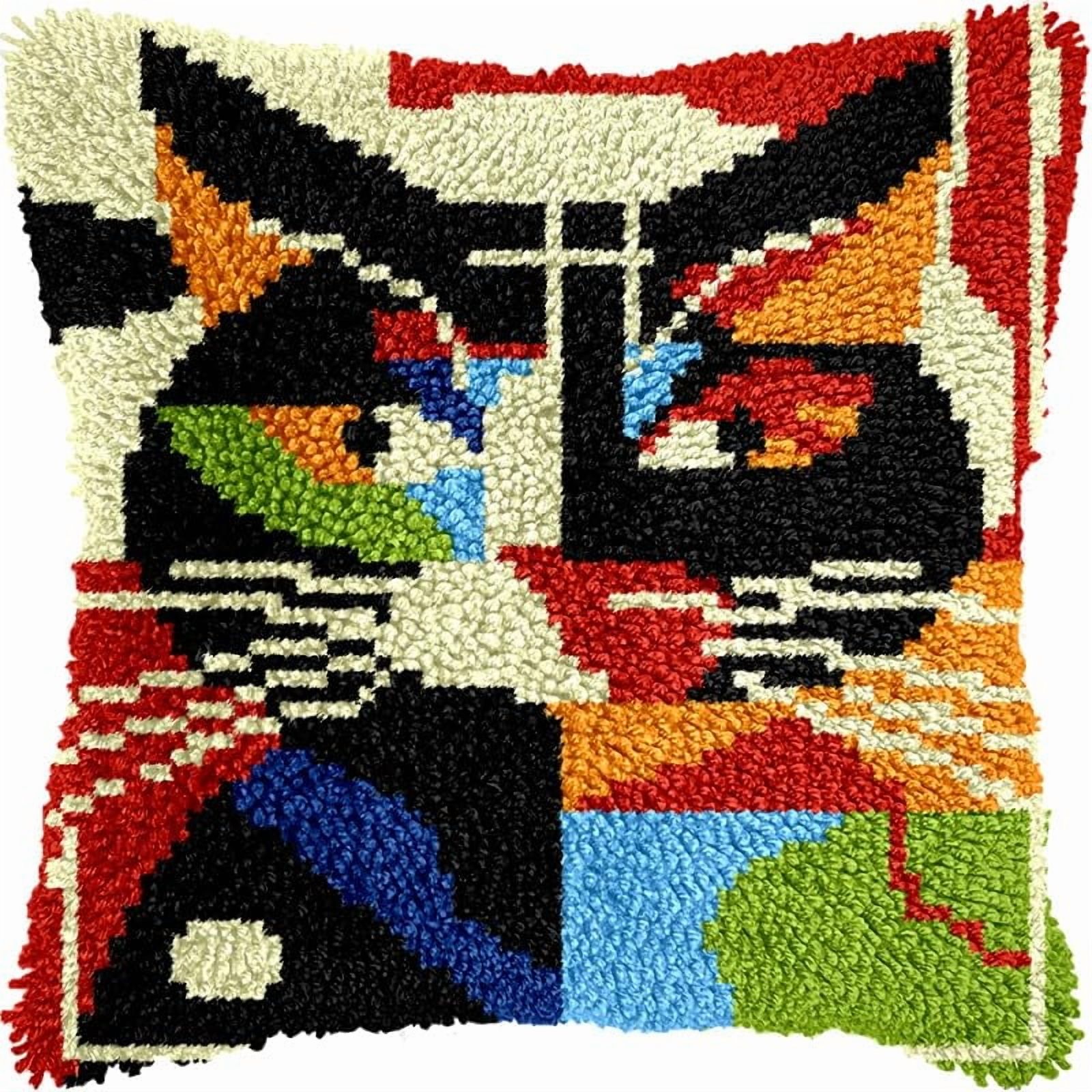 Latch Hook Pillow Kits Pillow Cover Colorful Cat Pattern Printed Canvas Crochet Cross Stich Hooking Pillowcase Cushion Crafts Embroidery Crochet Home Decor Kits 17x17 inch(28)