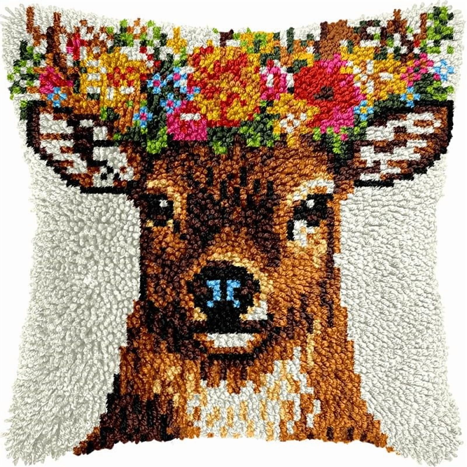Latch Hook Pillow Kits Pillow Cover Flowers Deer Pattern Printed Canvas Crochet Cross Stich Hooking Pillowcase Cushion Crafts Embroidery Crochet Home Decor Kits 17x17 inch(47)