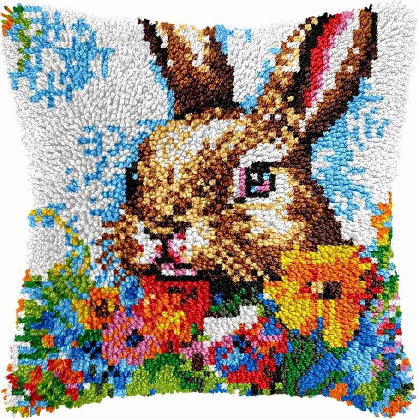 Latch Hook Pillow Kits Pillow Cover Flowers & Rabbit Pattern Printed Canvas Crochet Cross Stich Hooking Pillowcase Cushion Crafts Embroidery Crochet Home Decor Kits 17x17 inch(2)