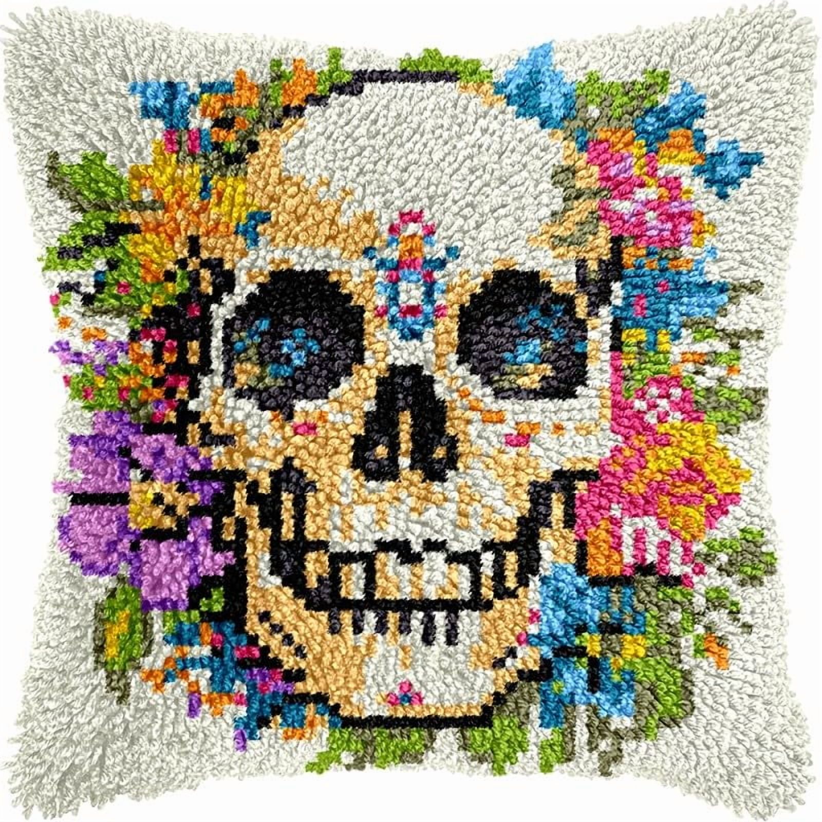 Latch Hook Pillow Kits Pillow Cover Flowers Skull Pattern Printed Canvas Crochet Cross Stich Hooking Pillowcase Cushion Crafts Embroidery Crochet Home Decor Kits 17x17 inch(38)