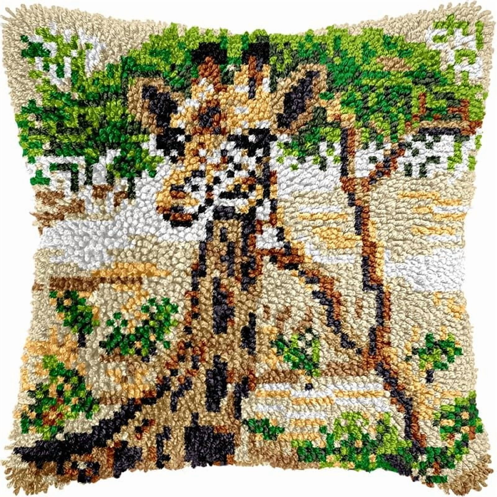 Latch Hook Pillow Kits Pillow Cover Giraffe Pattern Printed Canvas Crochet Cross Stich Hooking Pillowcase Cushion Crafts Embroidery Crochet Home Decor Kits 17x17 inch(52)
