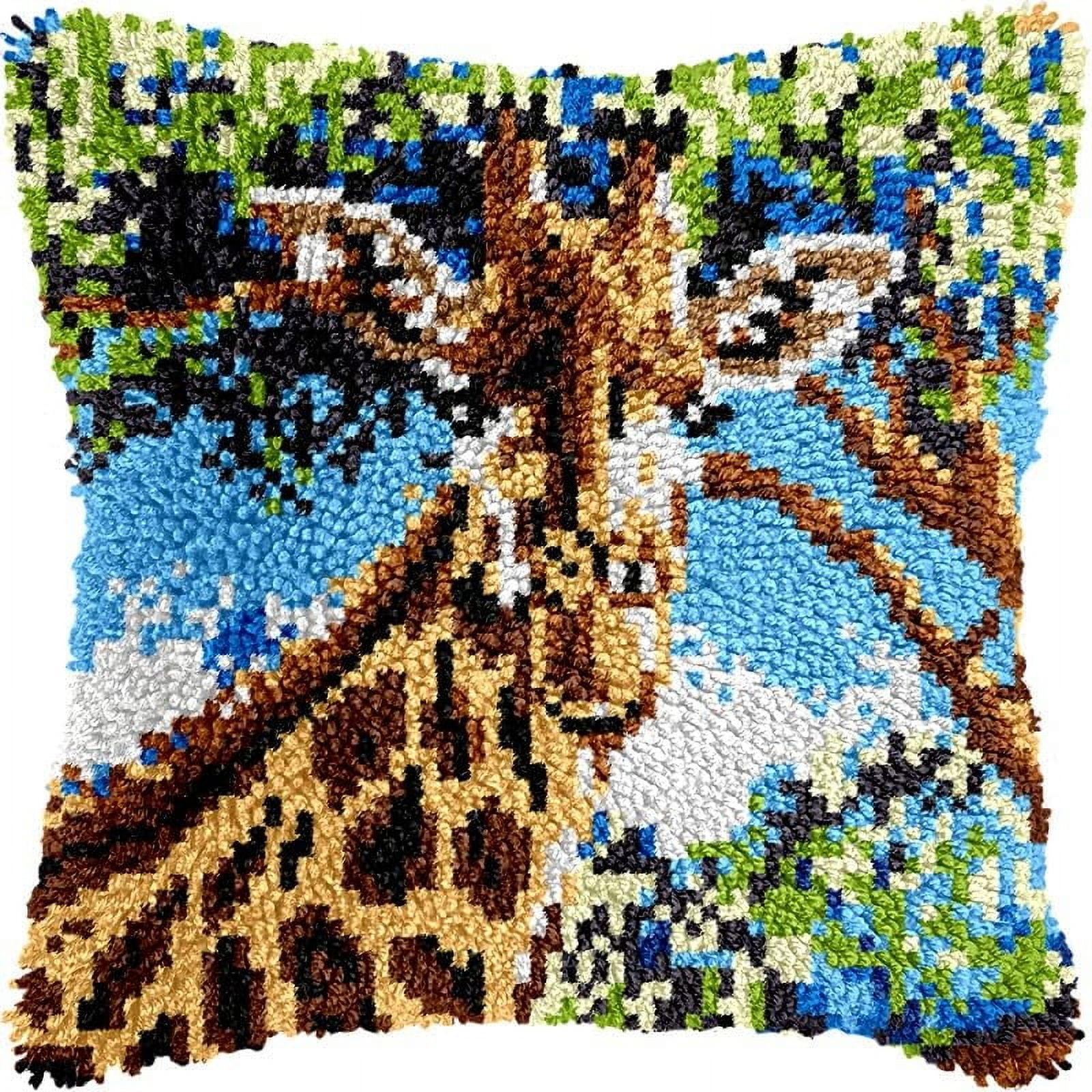 Latch Hook Pillow Kits Pillow Cover Giraffe Pattern Printed Canvas Crochet Cross Stich Hooking Pillowcase Cushion Crafts Embroidery Crochet Home Decor Kits 17x17 inch(51)