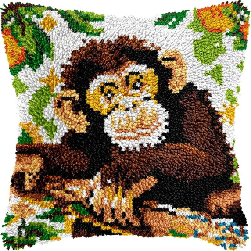 Latch Hook Pillow Kits Pillow Cover Monkey Pattern Printed Canvas Crochet Cross Stich Hooking Pillowcase Cushion Crafts Embroidery Crochet Home Decor Kits 17x17 inch(22)