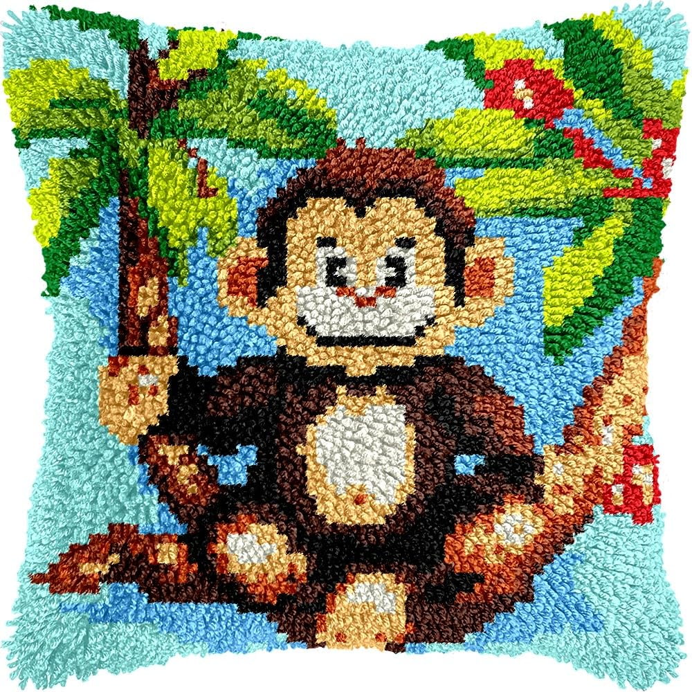 Latch Hook Pillow Kits Pillow Cover Monkey on Tree Pattern Printed Canvas Cross Stich Hooking Pillowcase Cushion Crafts Embroidery Crochet Home Decor Kits 17x17 inch(B55)
