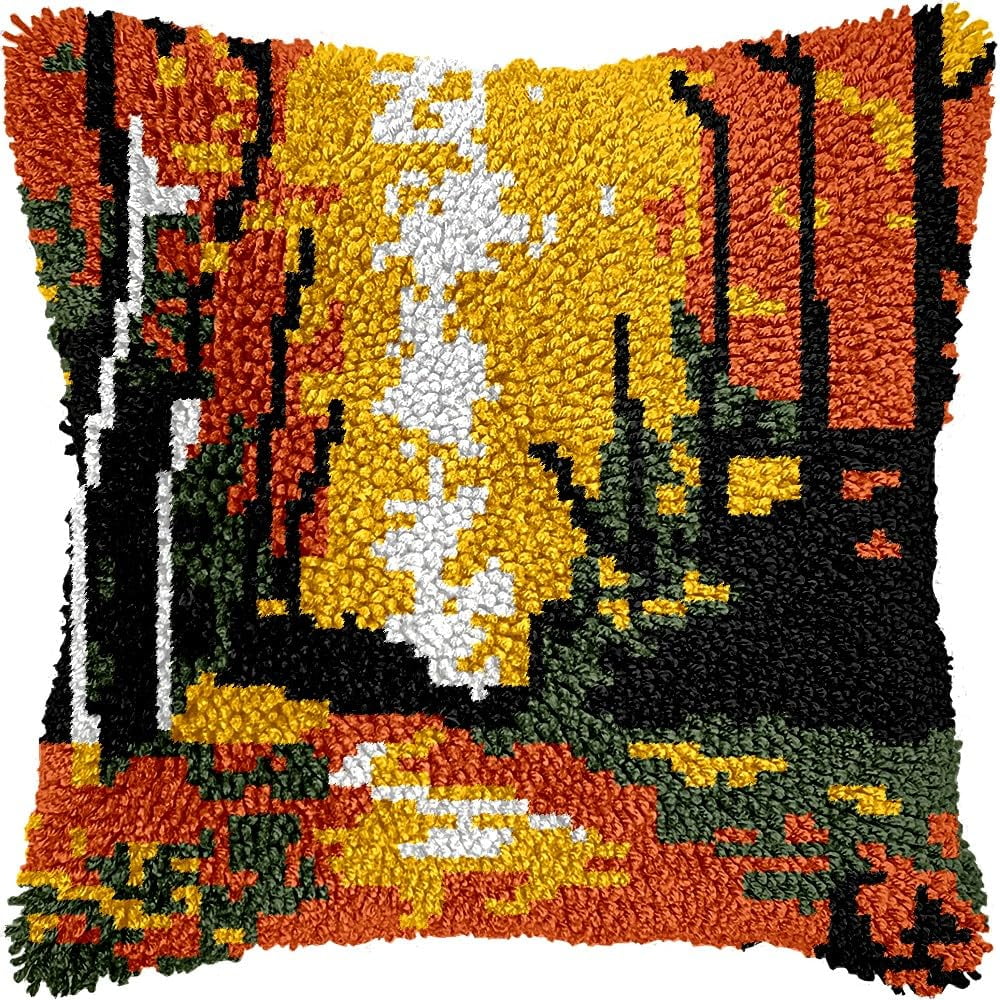 Latch Hook Pillow Kits Pillow Cover Pattern Autmn Scenery Printed Canvas Cross Stich Hooking Pillowcase Cushion Crafts Embroidery Crochet Home Decor Kits 17x17 inch(B87)
