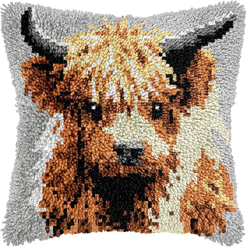 Latch Hook Pillow Kits Pillow Cover Pattern Baby Highland Cow Printed Canvas Knitted Hooking Pillowcase Cushion Crafts Embroidery Crochet Home Decor Kits 17x17 inch(c3)