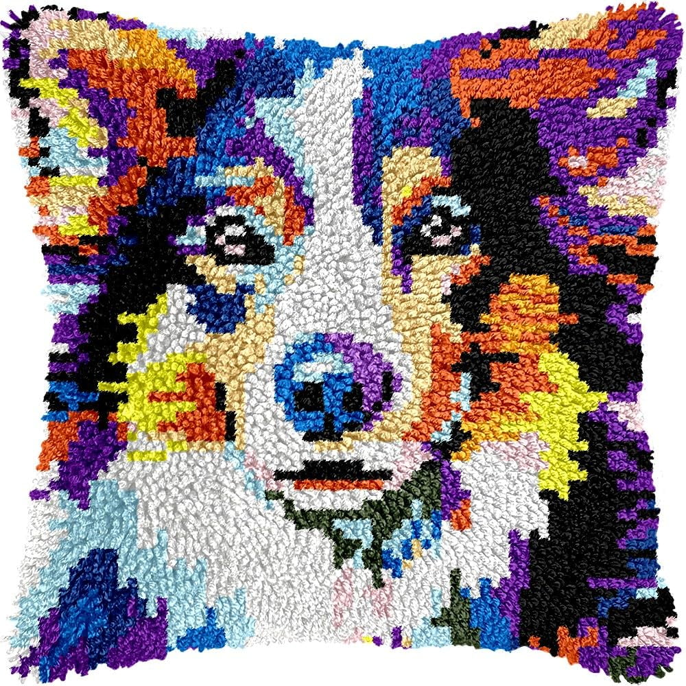 Latch Hook Pillow Kits Pillow Cover Pattern Bernes Mountain Dog Printed Canvas Knitted Hooking Pillowcase Cushion Crafts Embroidery Crochet Home Decor Kits 17x17 inch(c124)