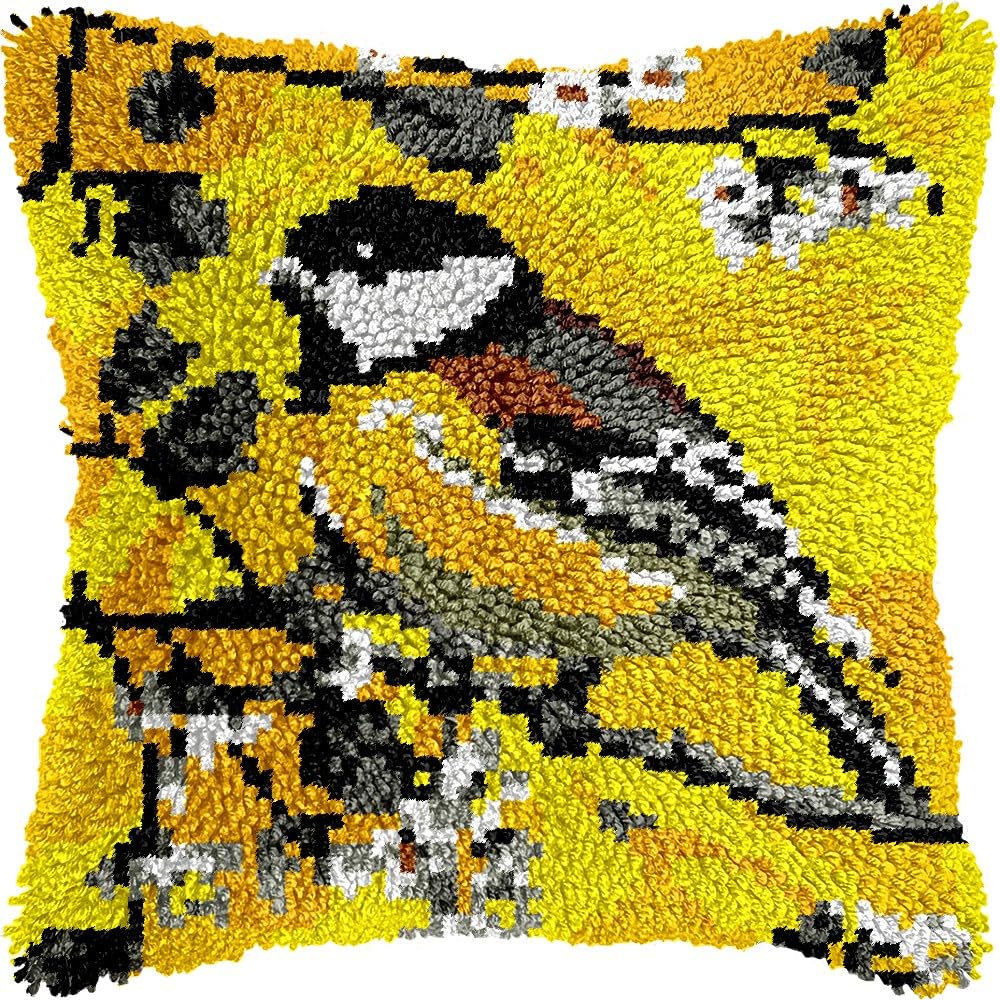 Latch Hook Pillow Kits Pillow Cover Pattern Bird on Tree Printed Canvas Cross Stich Hooking Pillowcase Cushion Crafts Embroidery Crochet Home Decor Kits 17x17 inch(B144)