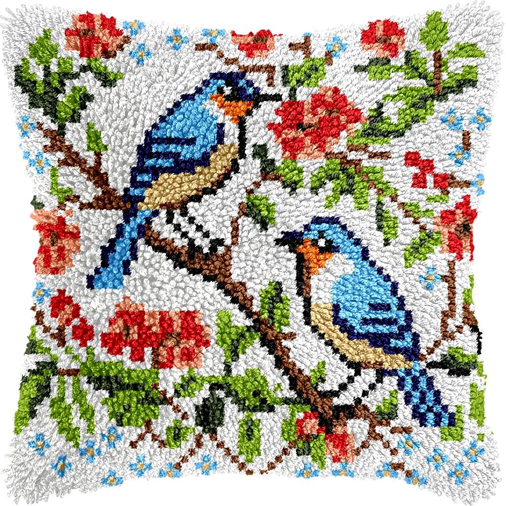 Latch Hook Pillow Kits Pillow Cover Pattern Birds on Tree Printed Canvas Knitted Hooking Pillowcase Cushion Crafts Embroidery Crochet Home Decor Kits 17x17 inch(c158)