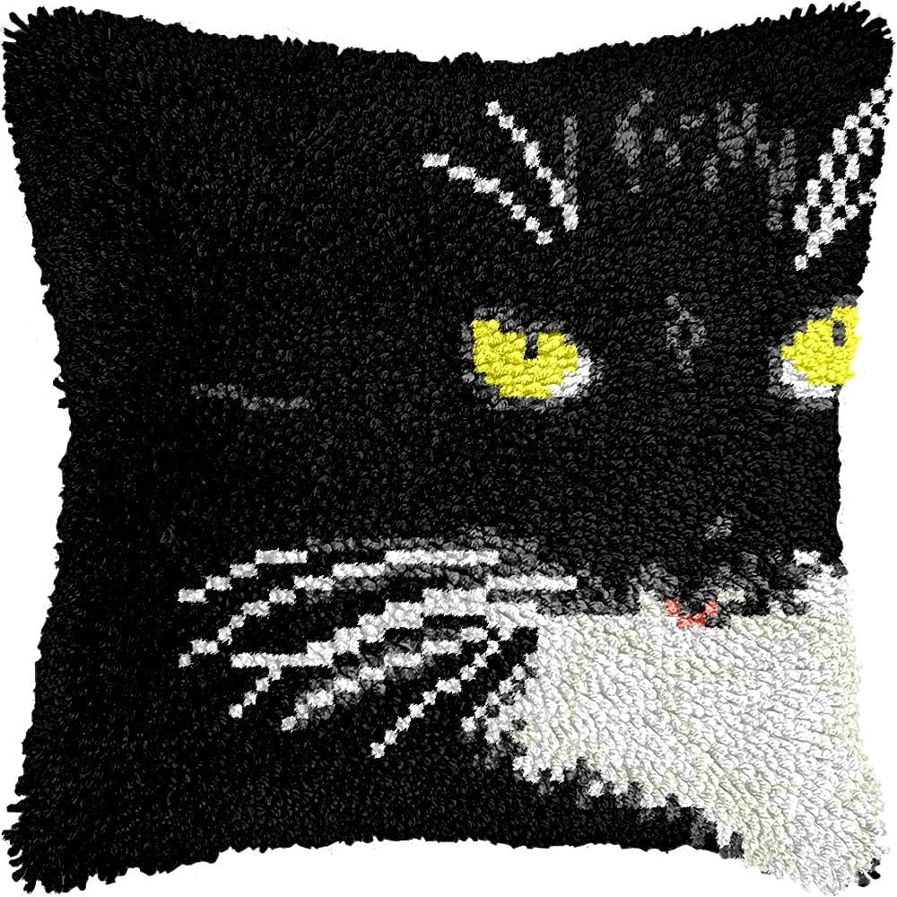 Latch Hook Pillow Kits Pillow Cover Pattern Black Cat Printed Canvas Knitted Hooking Pillowcase Cushion Crafts Embroidery Crochet Home Decor Kits 17x17 inch(c109)