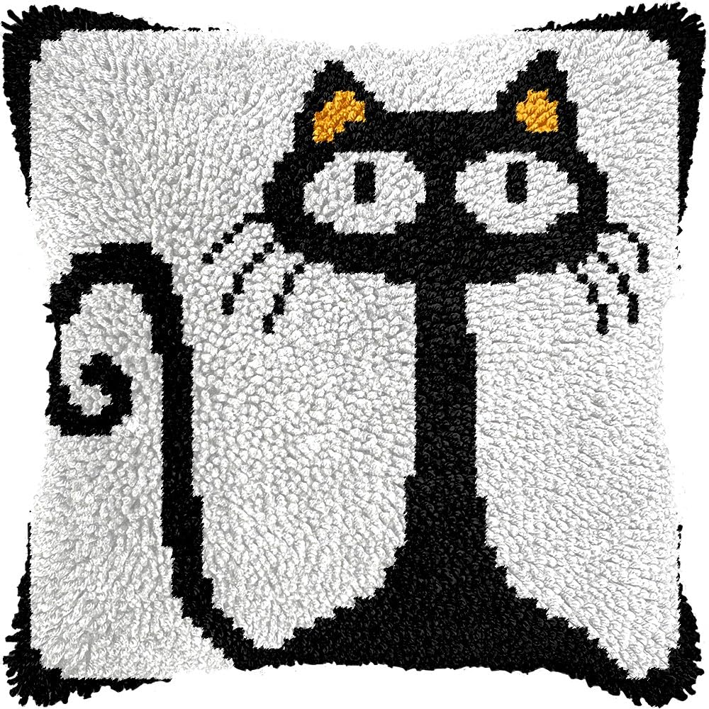 Latch Hook Pillow Kits Pillow Cover Pattern Black Cat Printed Canvas Knitted Hooking Pillowcase Cushion Crafts Embroidery Crochet Home Decor Kits 17x17 inch(c33)