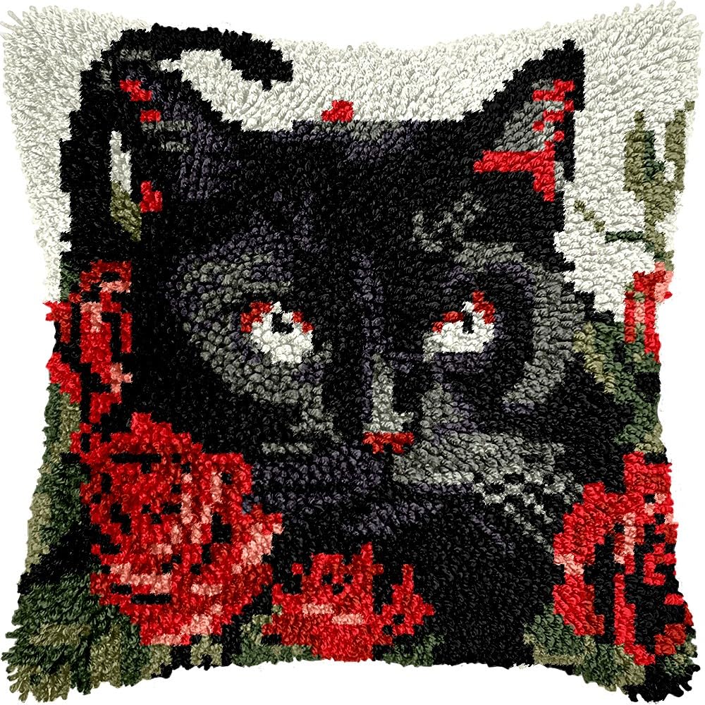 Latch Hook Pillow Kits Pillow Cover Pattern Black Cat & Rose Printed Canvas Cross Stich Hooking Pillowcase Cushion Crafts Embroidery Crochet Home Decor Kits 17x17 inch(B108)