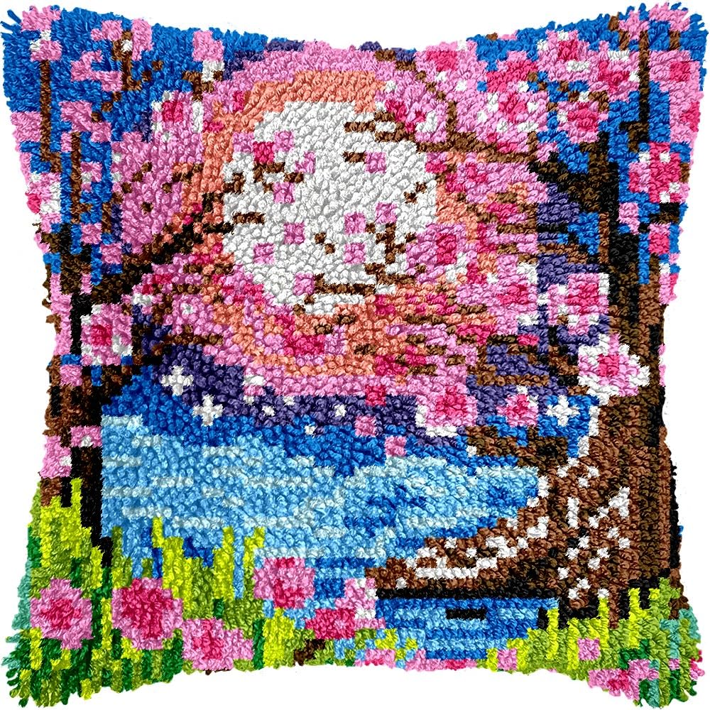 Latch Hook Pillow Kits Pillow Cover Pattern Blossom Scenery & Moon Printed Canvas Knitted Hooking Pillowcase Cushion Crafts Embroidery Crochet Home Decor Kits 17x17 inch(c177)