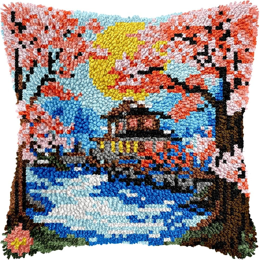Latch Hook Pillow Kits Pillow Cover Pattern Blossom Scenery Printed Canvas Knitted Hooking Pillowcase Cushion Crafts Embroidery Crochet Home Decor Kits 17x17 inch(c149)