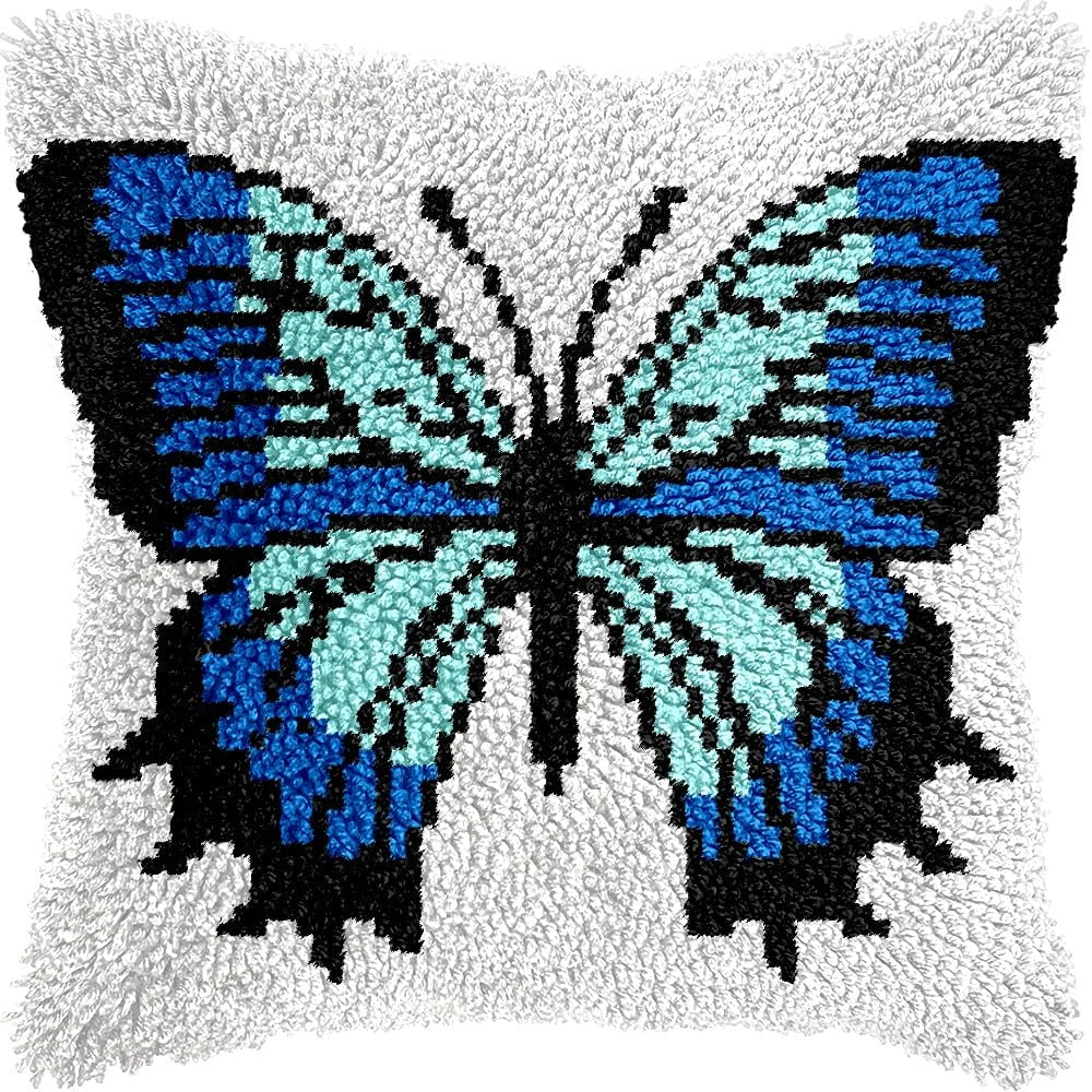 Latch Hook Pillow Kits Pillow Cover Pattern Blue Butterfly Printed Canvas Cross Stich Hooking Pillowcase Cushion Crafts Embroidery Crochet Home Decor Kits 17x17 inch(B76)