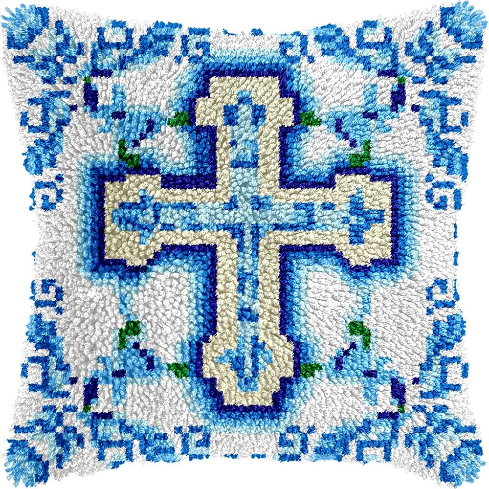 Latch Hook Pillow Kits Pillow Cover Pattern Blue Cross Printed Canvas Knitted Hooking Pillowcase Cushion Crafts Embroidery Crochet Home Decor Kits 17x17 inch(c25)