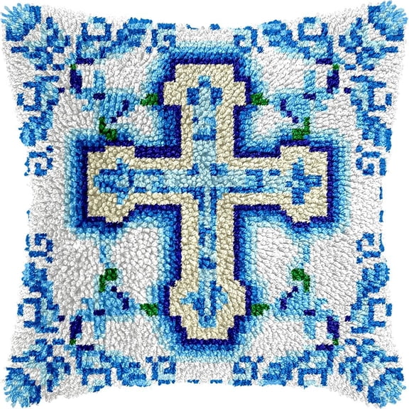 Latch Hook Pillow Kits Pillow Cover Pattern Blue Cross PrintedCanvas Knitted Hooking Pillowcase Cushion Crafts Embroidery Crochet Home Decor Kits 17x17 inch(c25)