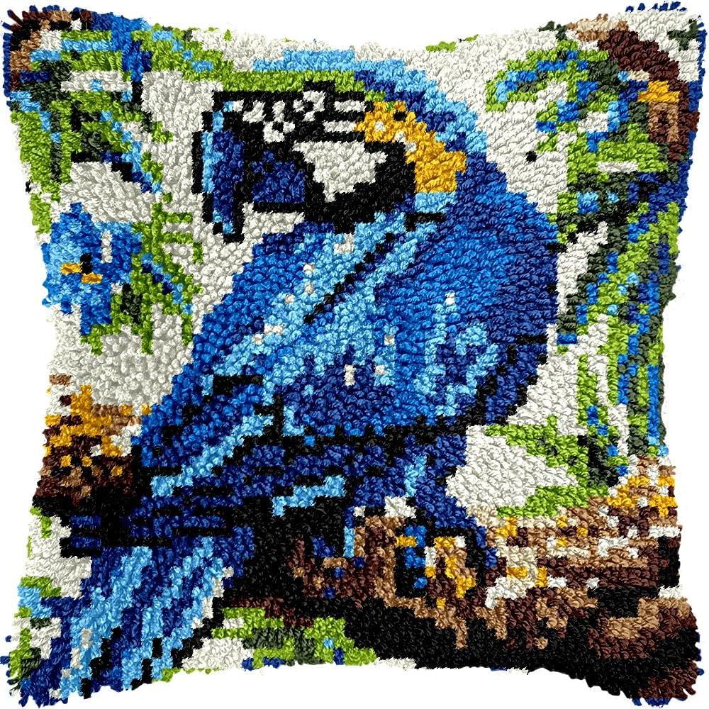 Latch Hook Pillow Kits Pillow Cover Pattern Blue Parrot Bird Printed Canvas Cross Stich Hooking Pillowcase Cushion Crafts Embroidery Crochet Home Decor Kits 17x17 inch(B98)