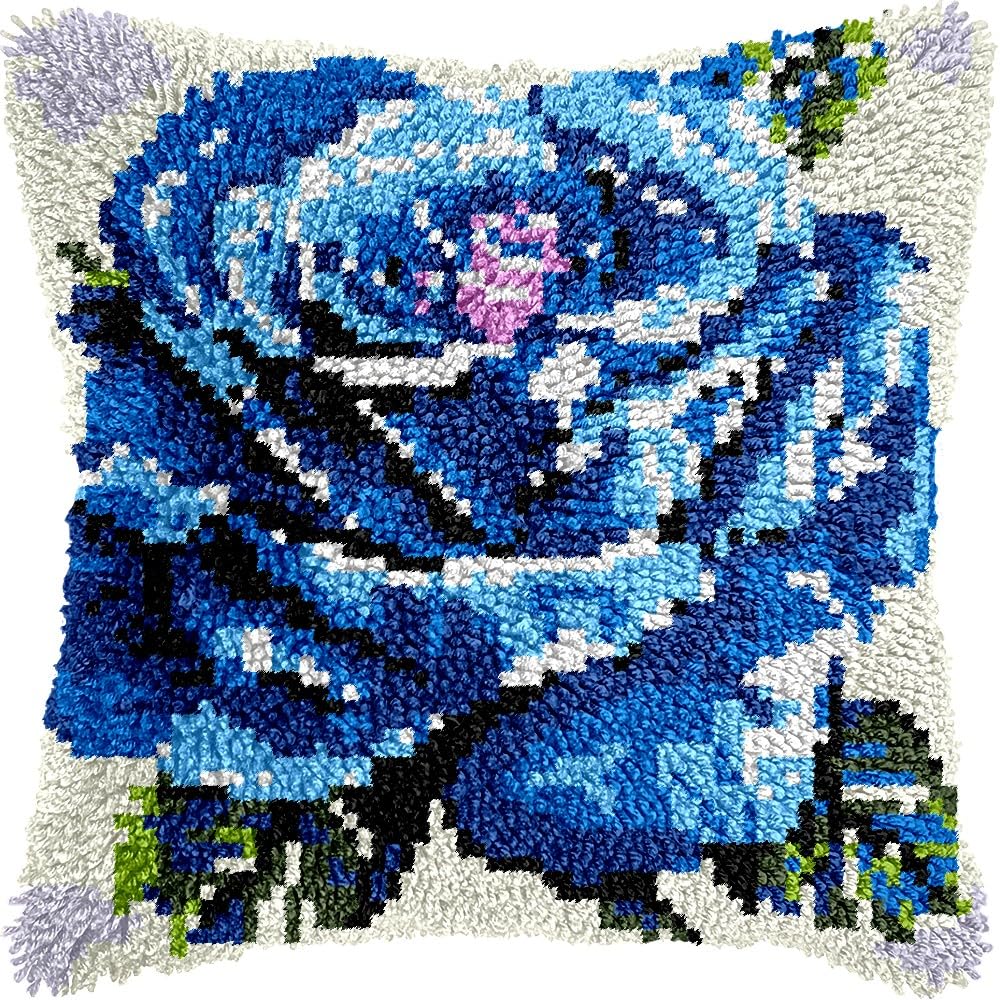 Latch Hook Pillow Kits Pillow Cover Pattern Blue Rose Printed Canvas Cross Stich Hooking Pillowcase Cushion Crafts Embroidery Crochet Home Decor Kits 17x17 inch(B97)