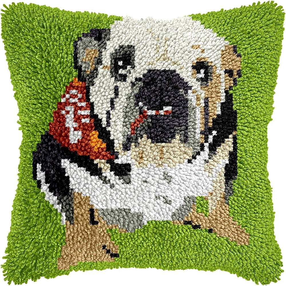 Latch Hook Pillow Kits Pillow Cover Pattern Bull Dog Printed Canvas Cross Stich Hooking Pillowcase Cushion Crafts Embroidery Crochet Home Decor Kits 17x17 inch(B39)