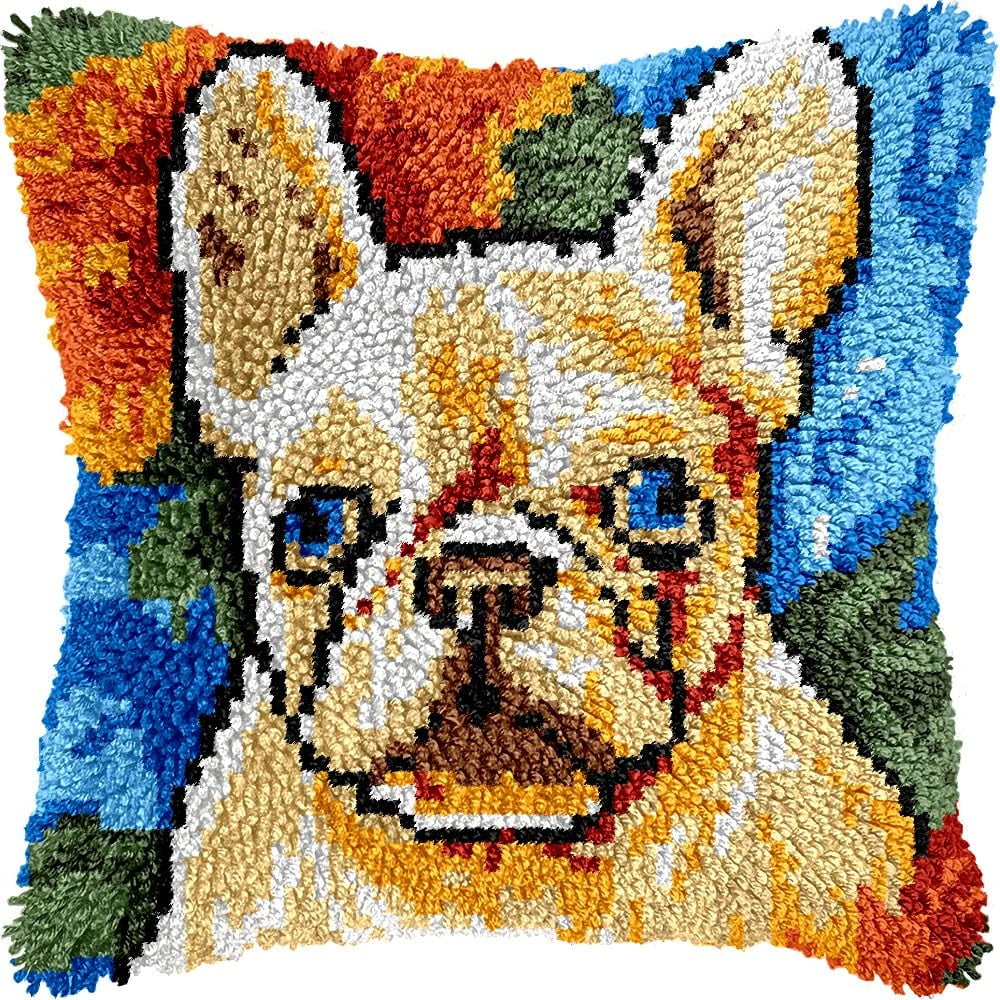 Latch Hook Pillow Kits Pillow Cover Pattern Bulldog Printed Canvas Knitted Hooking Pillowcase Cushion Crafts Embroidery Crochet Home Decor Kits 17x17 inch(c144)